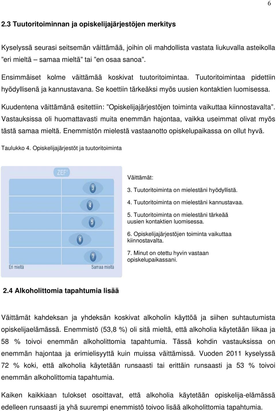 Kuudentena väittämänä esitettiin: Opiskelijajärjestöjen toiminta vaikuttaa kiinnostavalta. Vastauksissa oli huomattavasti muita enemmän hajontaa, vaikka useimmat olivat myös tästä samaa mieltä.