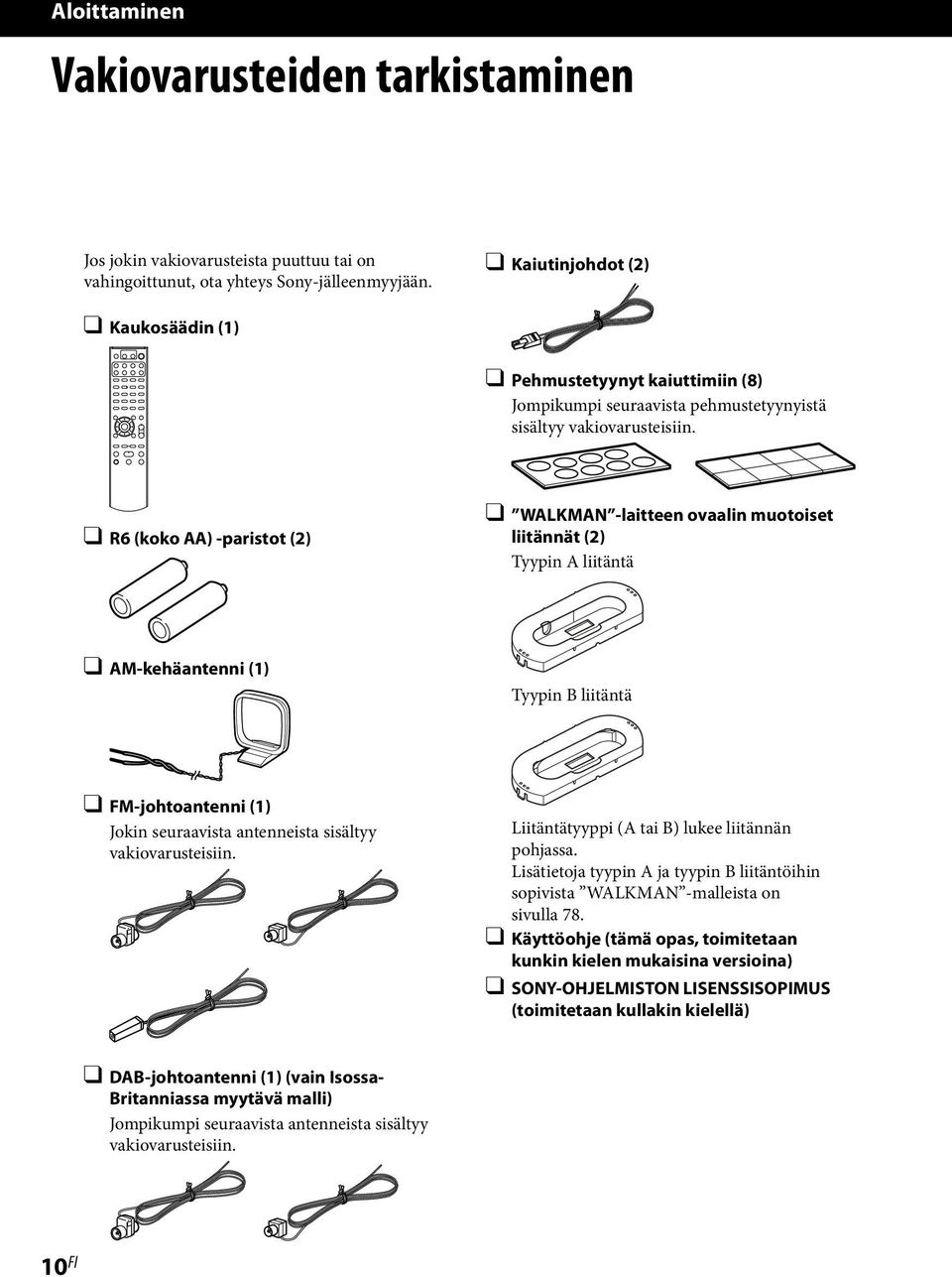 R6 (koko AA) -paristot (2) WALKMAN -laitteen ovaalin muotoiset liitännät (2) Tyypin A liitäntä AM-kehäantenni (1) Tyypin B liitäntä FM-johtoantenni (1) Jokin seuraavista antenneista sisältyy