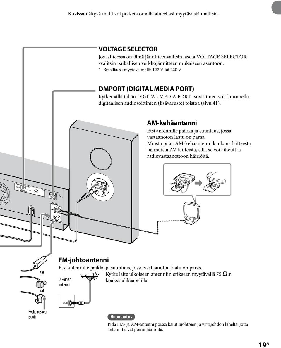 * Brasiliassa myytävä malli: 127 V tai 220 V DMPORT (DIGITAL MEDIA PORT) Kytkemällä tähän DIGITAL MEDIA PORT -sovittimen voit kuunnella digitaalisen audiosoittimen (lisävaruste) toistoa (sivu 41).