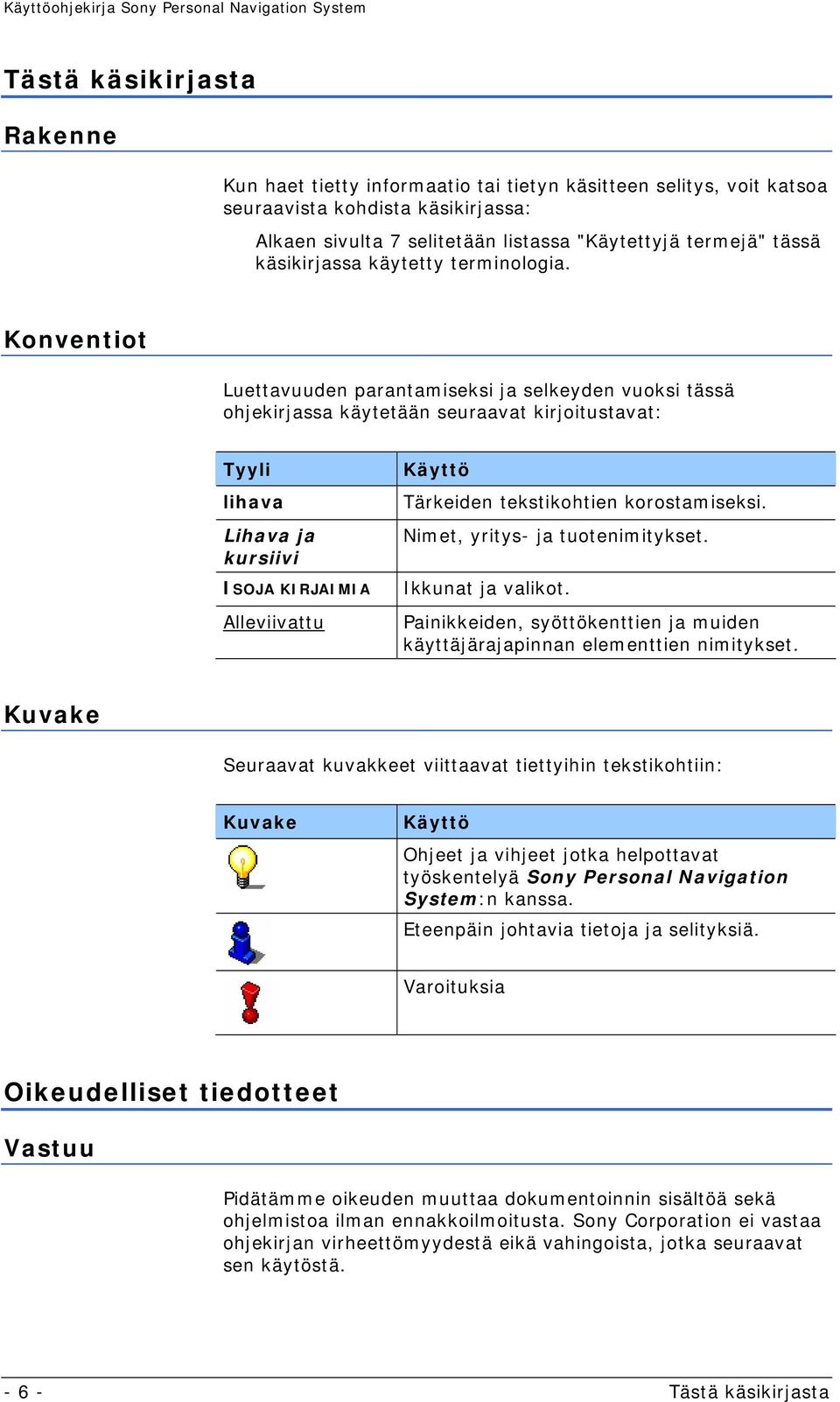 Konventiot Luettavuuden parantamiseksi ja selkeyden vuoksi tässä ohjekirjassa käytetään seuraavat kirjoitustavat: Tyyli lihava Lihava ja kursiivi ISOJA KIRJAIMIA Alleviivattu Käyttö Tärkeiden