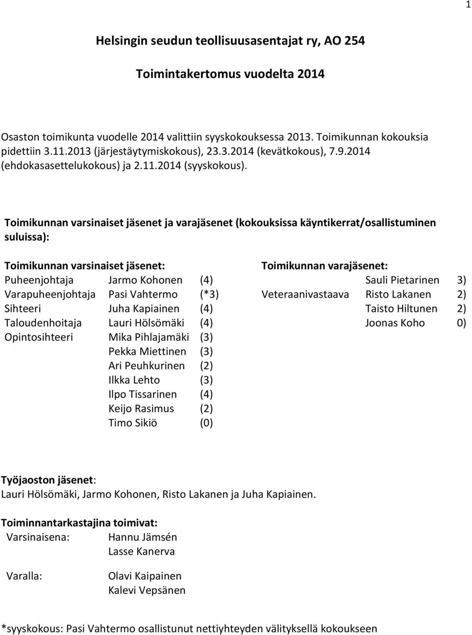 Toimikunnan varsinaiset jäsenet ja varajäsenet (kokouksissa käyntikerrat/osallistuminen suluissa): Toimikunnan varsinaiset jäsenet: Toimikunnan varajäsenet: Puheenjohtaja Jarmo Kohonen (4) Sauli