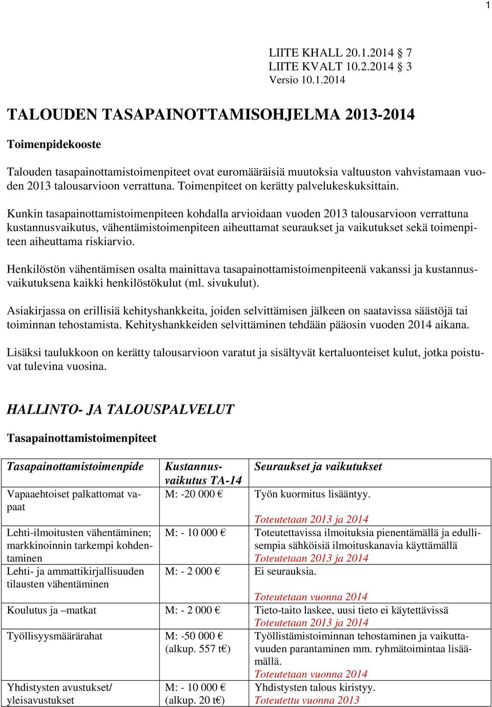 Kunkin tasapainottamistoimenpiteen kohdalla arvioidaan vuoden 2013 talousarvioon verrattuna kustannusvaikutus, vähentämistoimenpiteen aiheuttamat seuraukset ja vaikutukset sekä toimenpiteen