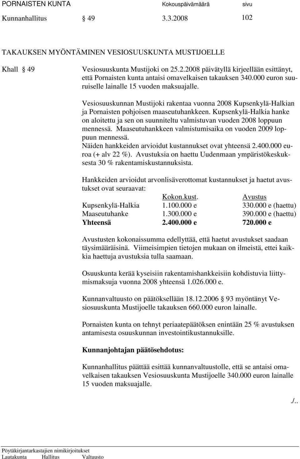 Kupsenkylä-Halkia hanke on aloitettu ja sen on suunniteltu valmistuvan vuoden 2008 loppuun mennessä. Maaseutuhankkeen valmistumisaika on vuoden 2009 loppuun mennessä.