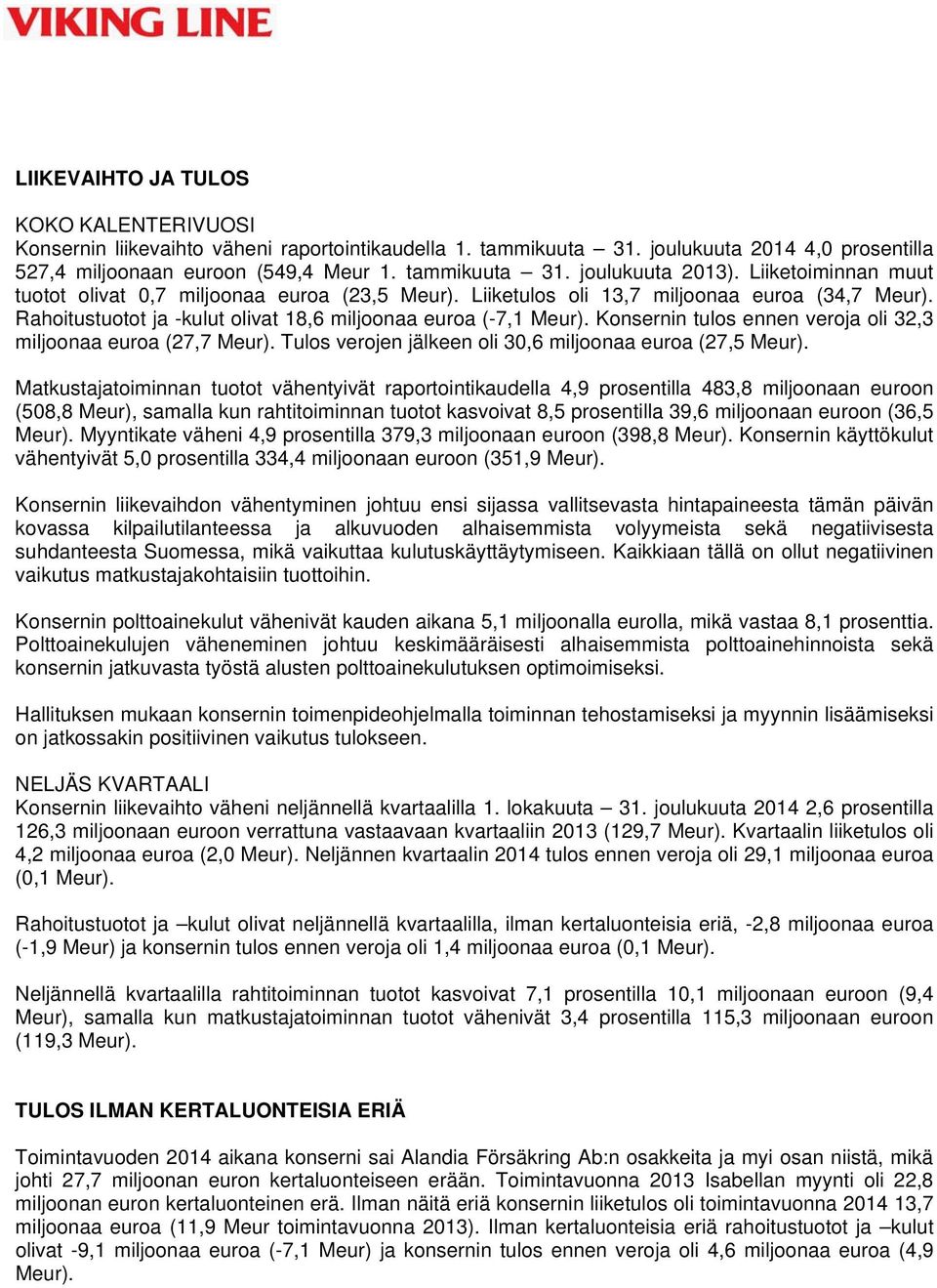 Konsernin tulos ennen veroja oli 32,3 miljoonaa euroa (27,7 Meur). Tulos verojen jälkeen oli 30,6 miljoonaa euroa (27,5 Meur).