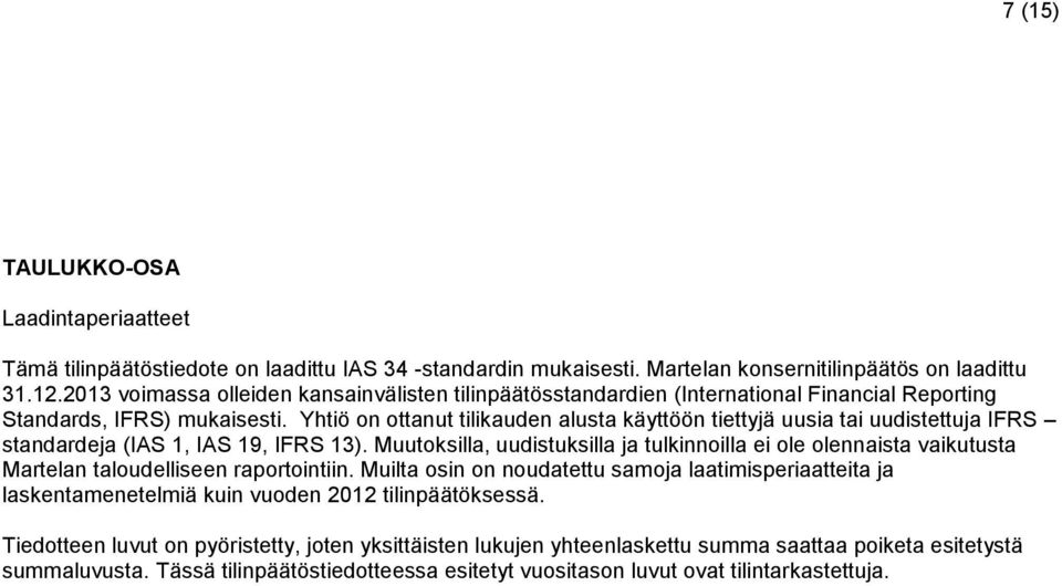 Yhtiö on ottanut tilikauden alusta käyttöön tiettyjä uusia tai uudistettuja IFRS standardeja (IAS 1, IAS 19, IFRS 13).