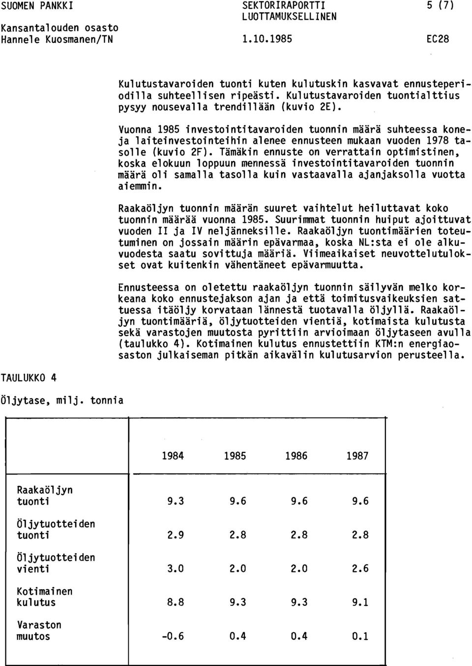 Vuonna 1985 investointitavaroiden tuonnin määrä suhteessa koneja laiteinvestointeihin alenee ennusteen mukaan vuoden 1978 tasolle (kuvio 2F).