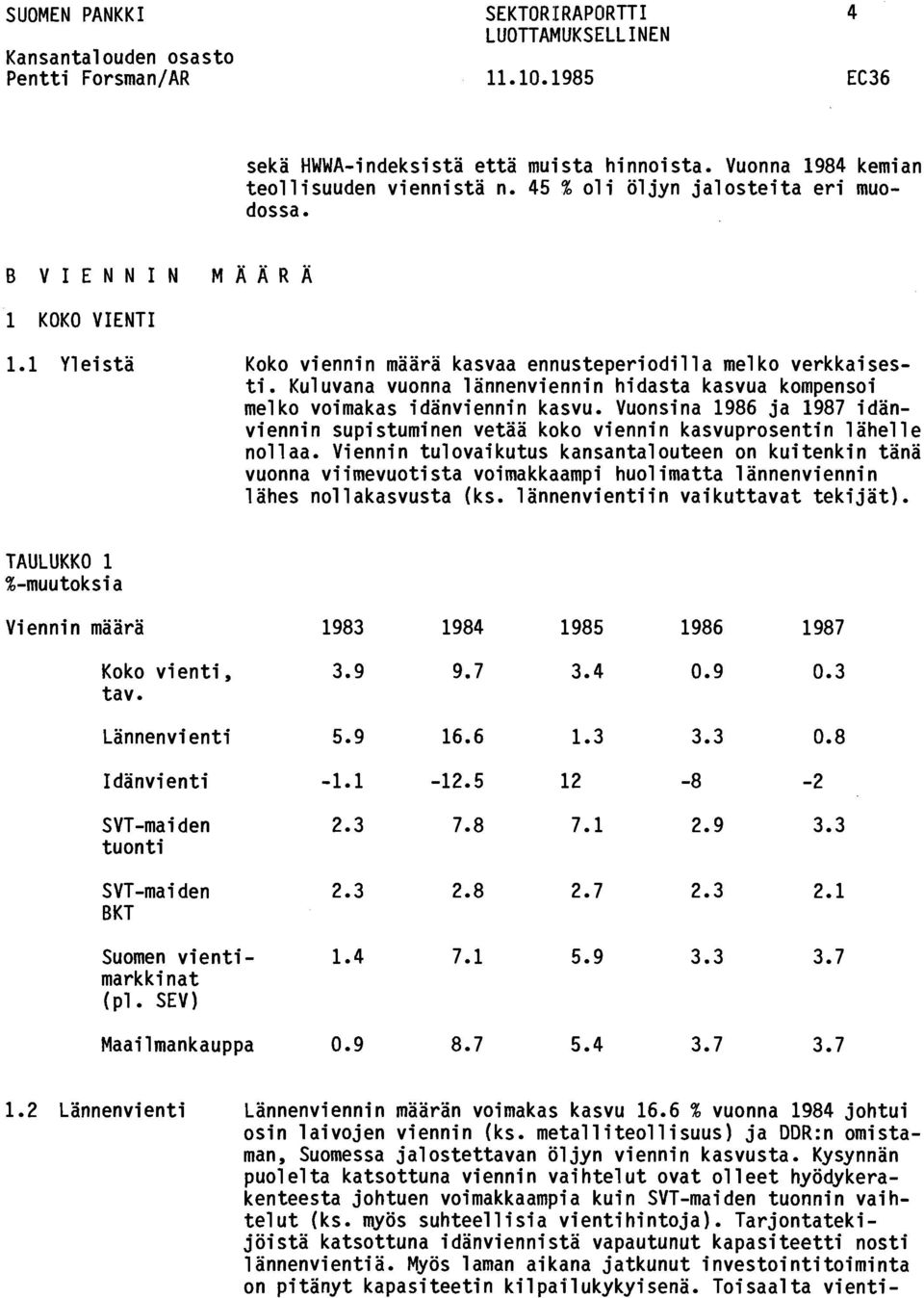 Kuluvana vuonna lännenviennin hidasta kasvua kompensoi melko voimakas idänviennin kasvu. Vuonsina 1986 ja 1987 idänviennin supistuminen vetää koko viennin kasvuprosentin lähelle nollaa.