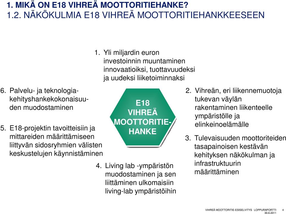 E18-projektin tavoitteisiin ja mittareiden määrittämiseen liittyvän sidosryhmien välisten keskustelujen käynnistäminen E18 VIHREÄ MOOTTORITIE- HANKE 4.