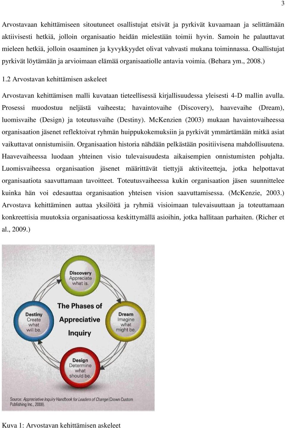 (Behara ym., 2008.) 1.2 Arvostavan kehittämisen askeleet Arvostavan kehittämisen malli kuvataan tieteellisessä kirjallisuudessa yleisesti 4-D mallin avulla.