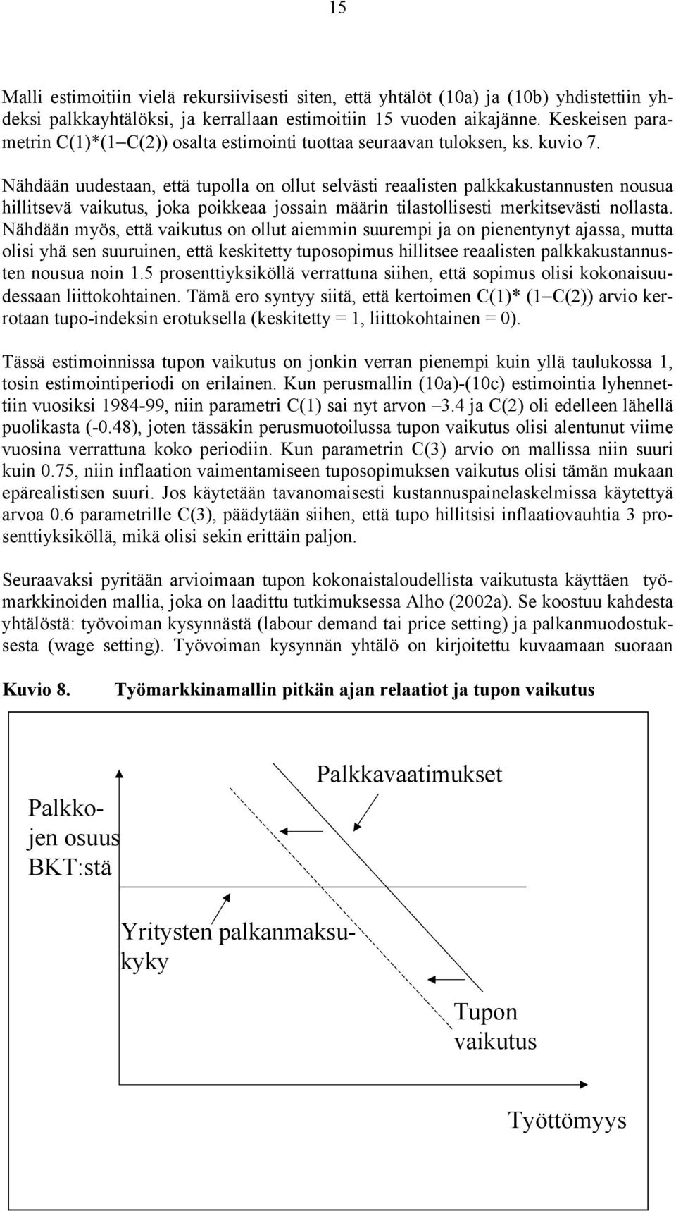 Nähdään uudestaan, että tupolla on ollut selvästi reaalisten palkkakustannusten nousua hillitsevä vaikutus, joka poikkeaa jossain määrin tilastollisesti merkitsevästi nollasta.