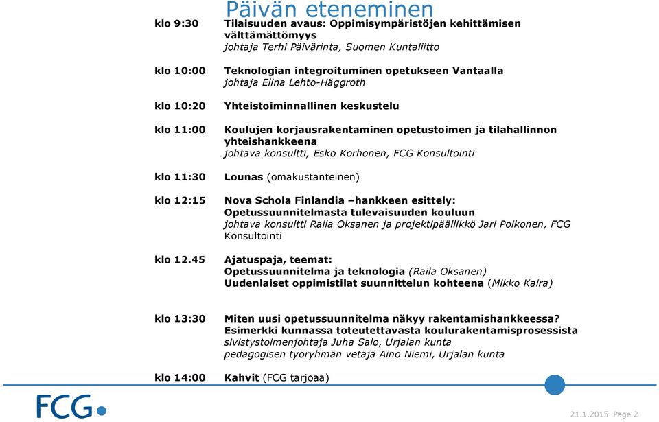 Lehto-Häggroth Yhteistoiminnallinen keskustelu Koulujen korjausrakentaminen opetustoimen ja tilahallinnon yhteishankkeena johtava konsultti, Esko Korhonen, FCG Konsultointi Lounas (omakustanteinen)