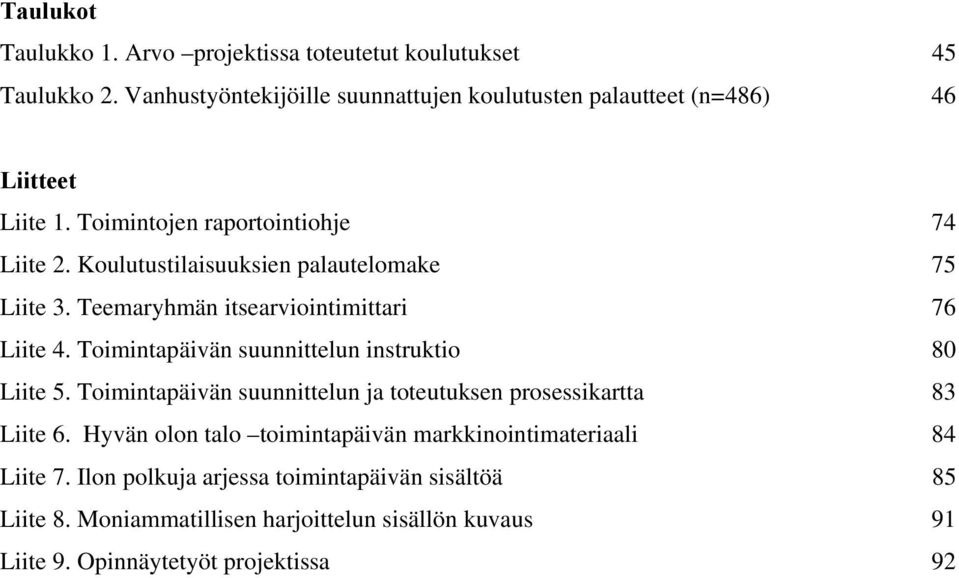 Koulutustilaisuuksien palautelomake 75 Liite 3. Teemaryhmän itsearviointimittari 76 Liite 4. Toimintapäivän suunnittelun instruktio 80 Liite 5.