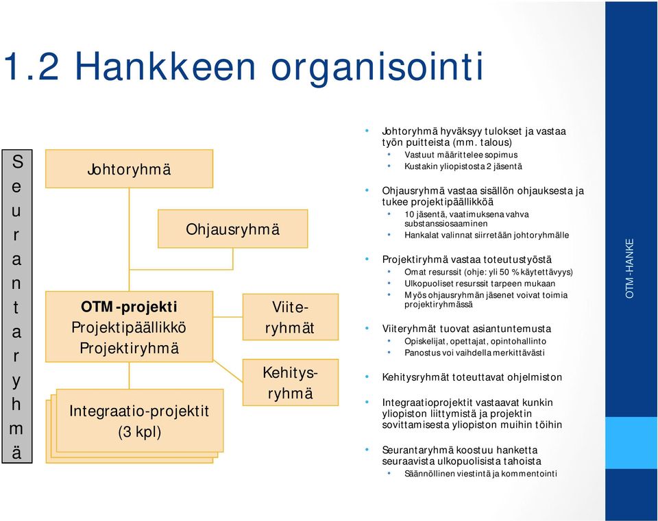 talous) Vastuut määrittelee sopimus Kustakin yliopistosta 2 jäsentä Ohjausryhmä vastaa sisällön ohjauksesta ja tukee projektipäällikköä 10 jäsentä, vaatimuksena vahva substanssiosaaminen Hankalat