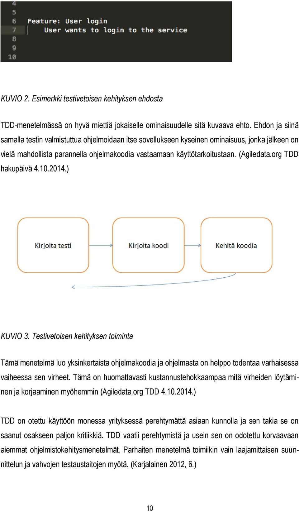 org TDD hakupäivä 4.10.2014.) KUVIO 3. Testivetoisen kehityksen toiminta Tämä menetelmä luo yksinkertaista ohjelmakoodia ja ohjelmasta on helppo todentaa varhaisessa vaiheessa sen virheet.