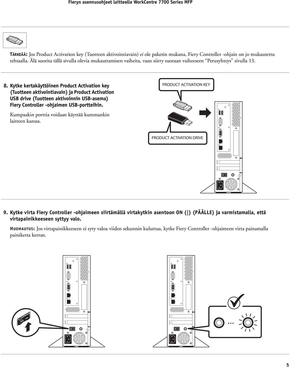 Kytke kertakäyttöinen Product Activation key (Tuotteen aktivointiavain) ja Product Activation USB drive (Tuotteen aktivoinnin USB-asema) Fiery Controller -ohjaimen USB-portteihin.