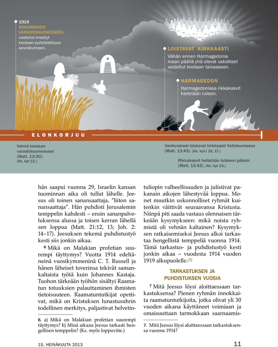 ELONKORJUU Vehn a kootaan varastohuoneeseen (Matt. 13:30). (Ks. kpl 12.) Vanhurskaat loistavat kirkkaasti Valtakunnassa (Matt. 13:43). (Ks. kpl:t 16, 17.