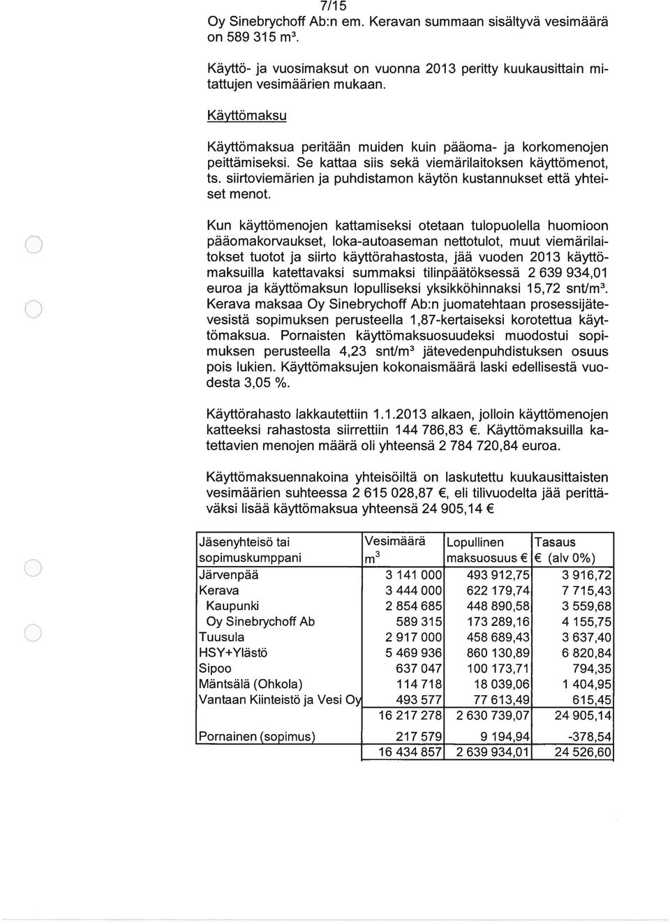 siirtoviemärien ja puhdistamon käytön kustannukset että yhtei set menot.