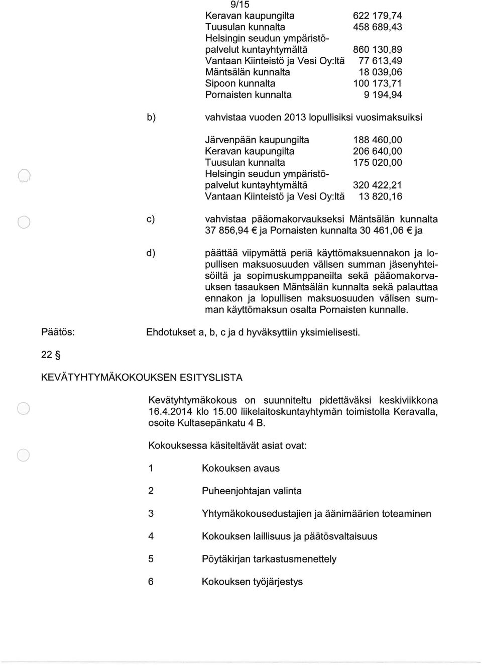 Helsingin seudun ympäristöpalvelut kuntayhtymältä 32 422,21 Vantaan Kiinteistö ja Vesi Oy:ltä 13 82,16 Q c) vahvistaa pääomakorvaukseksi Mäntsälän kunnalta 37 856,94 ja Pornaisten kunnalta 3 461,6 ja