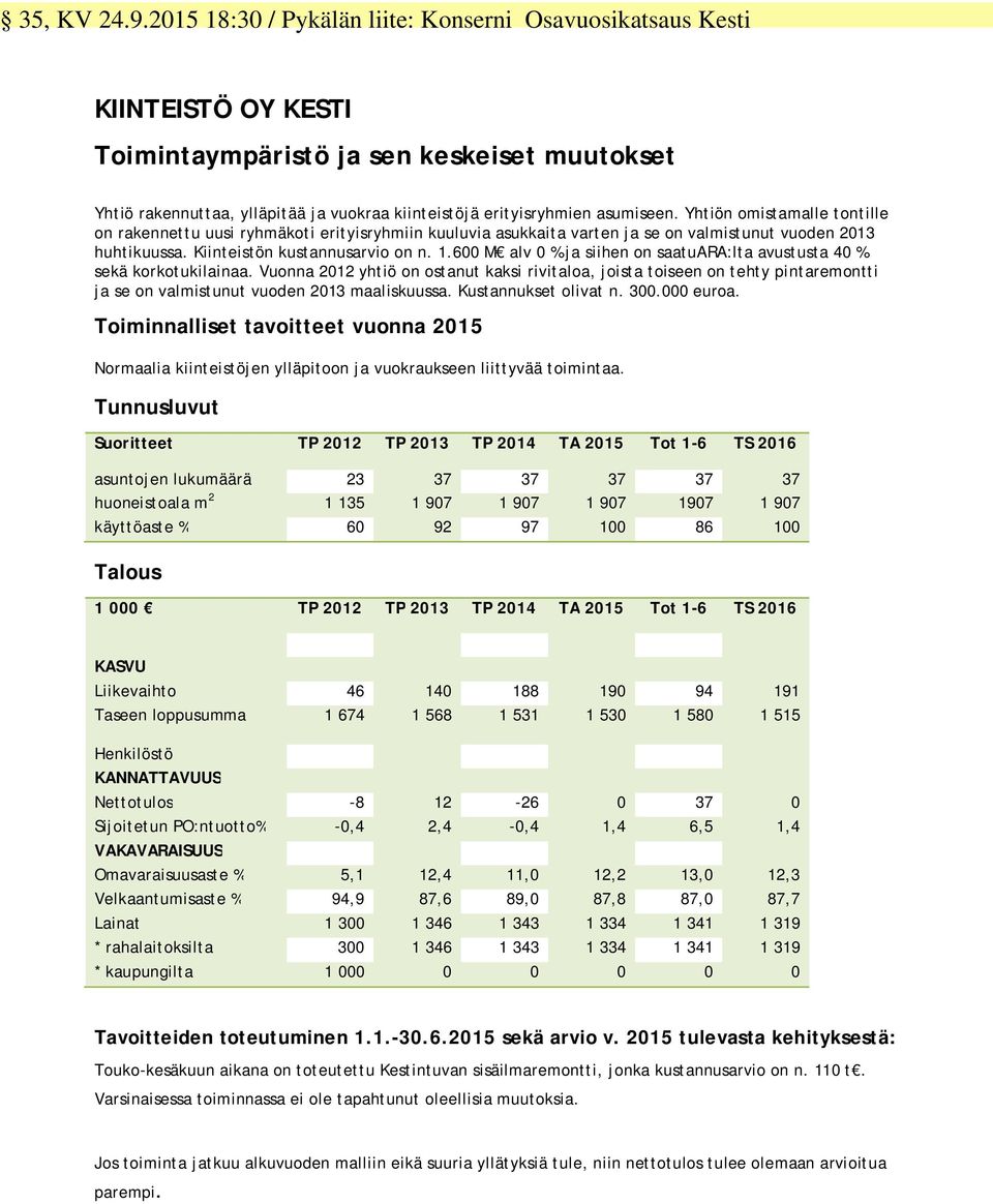 asumiseen. Yhtiön omistamalle tontille on rakennettu uusi ryhmäkoti erityisryhmiin kuuluvia asukkaita varten ja se on valmistunut vuoden 2013 huhtikuussa. Kiinteistön kustannusarvio on n. 1.