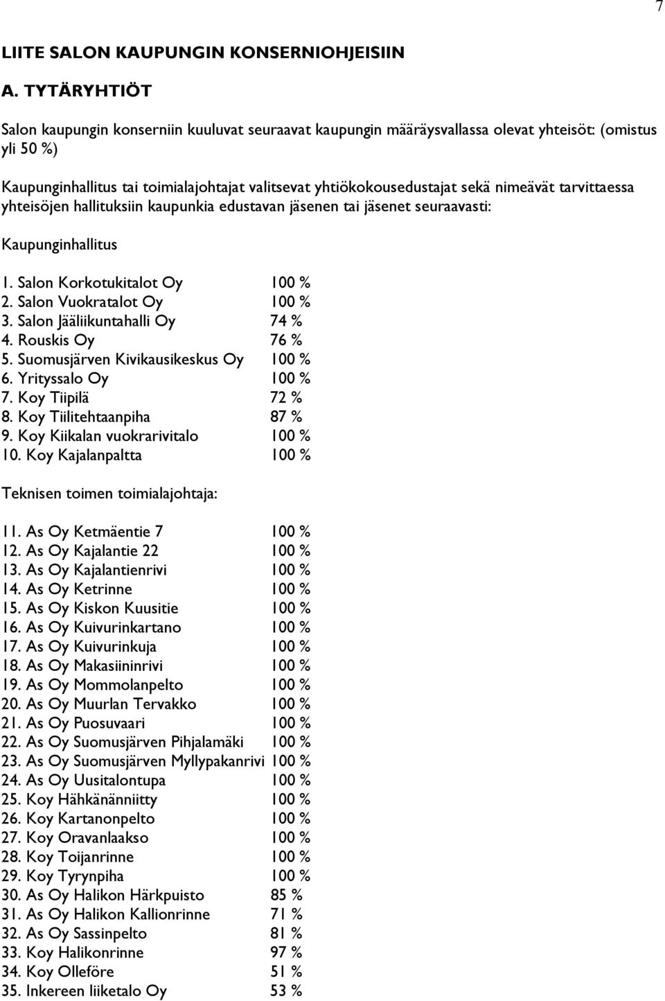 nimeävät tarvittaessa yhteisöjen hallituksiin kaupunkia edustavan jäsenen tai jäsenet seuraavasti: Kaupunginhallitus 1. Salon Korkotukitalot Oy 100 % 2. Salon Vuokratalot Oy 100 % 3.