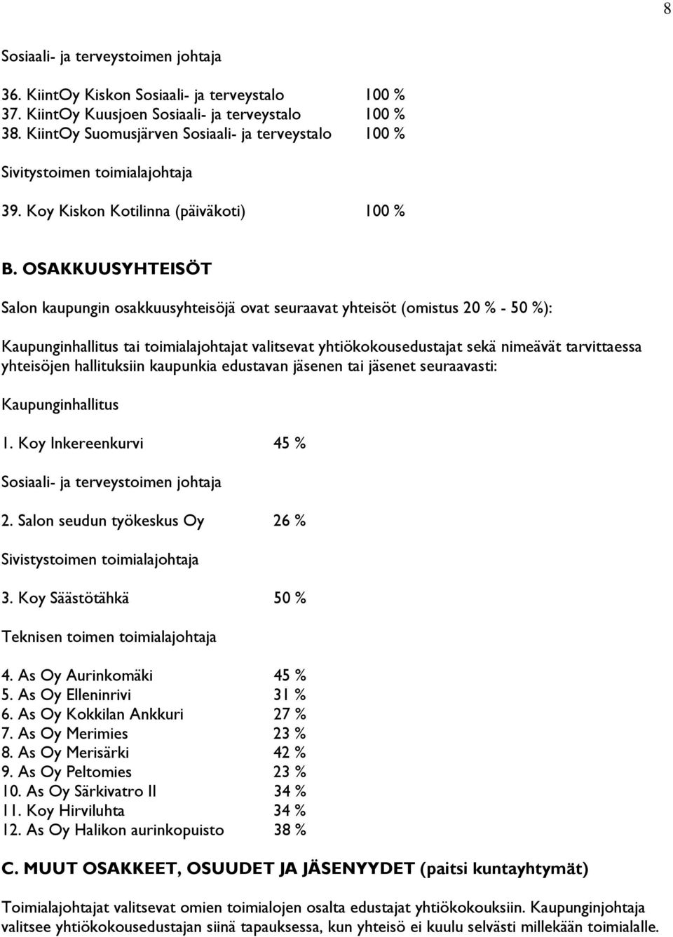 OSAKKUUSYHTEISÖT Salon kaupungin osakkuusyhteisöjä ovat seuraavat yhteisöt (omistus 20 % - 50 %): Kaupunginhallitus tai toimialajohtajat valitsevat yhtiökokousedustajat sekä nimeävät tarvittaessa