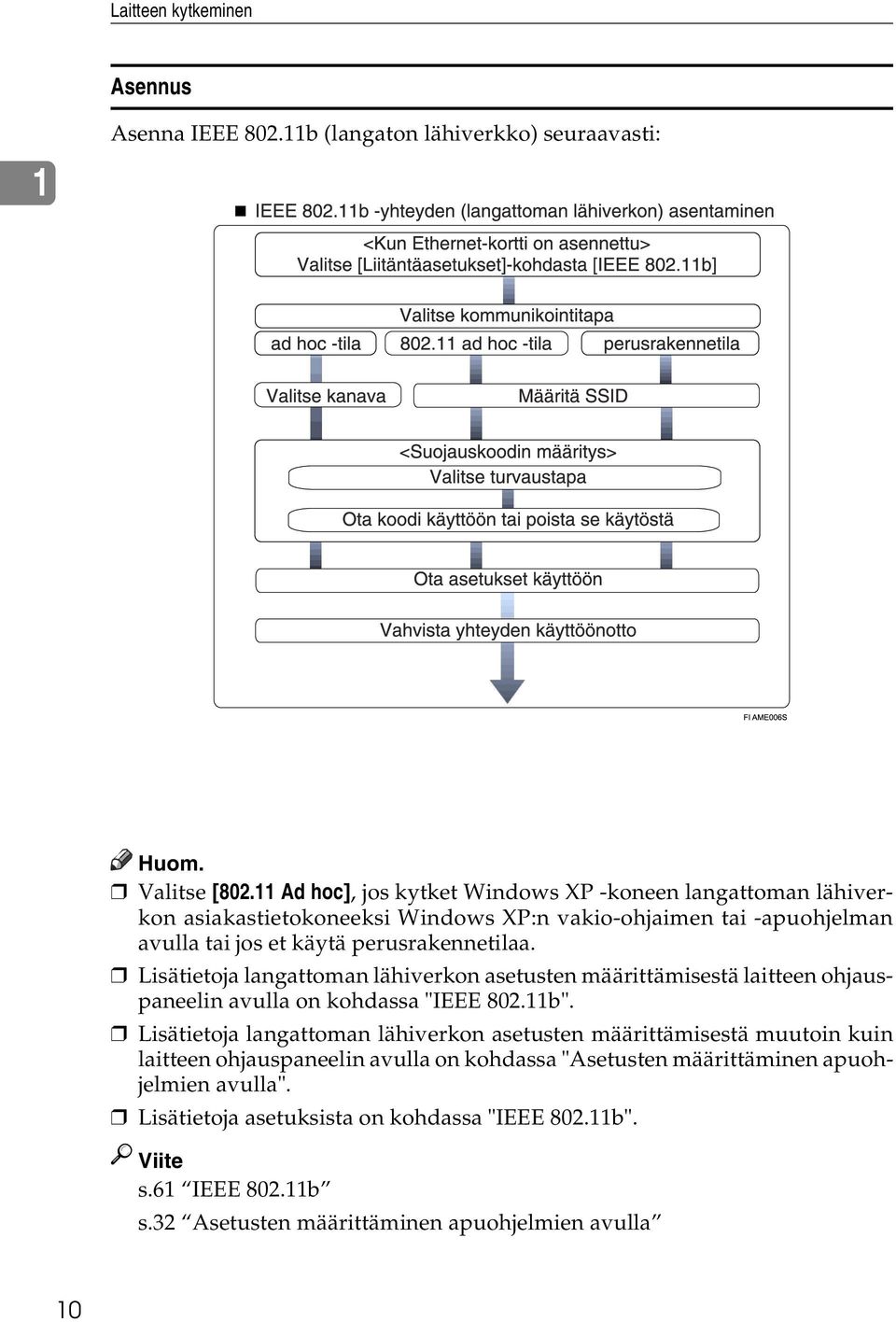 Lisätietoja langattoman lähiverkon asetusten määrittämisestä laitteen ohjauspaneelin avulla on kohdassa "IEEE 802.11b".