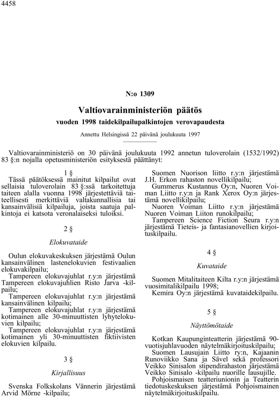 1998 järjestettäviä taiteellisesti merkittäviä valtakunnallisia tai kansainvälisiä kilpailuja, joista saatuja palkintoja ei katsota veronalaiseksi tuloiksi.