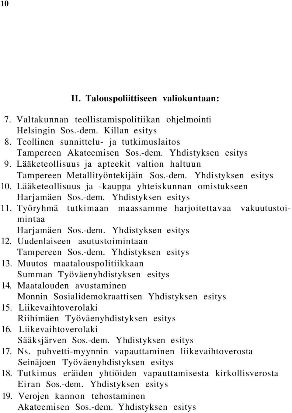 Työryhmä tutkimaan maassamme harjoitettavaa vakuutustoimintaa Harjamäen Sos.-dem. Yhdistyksen esitys 12. Uudenlaiseen asutustoimintaan Tampereen Sos.-dem. Yhdistyksen esitys 13.