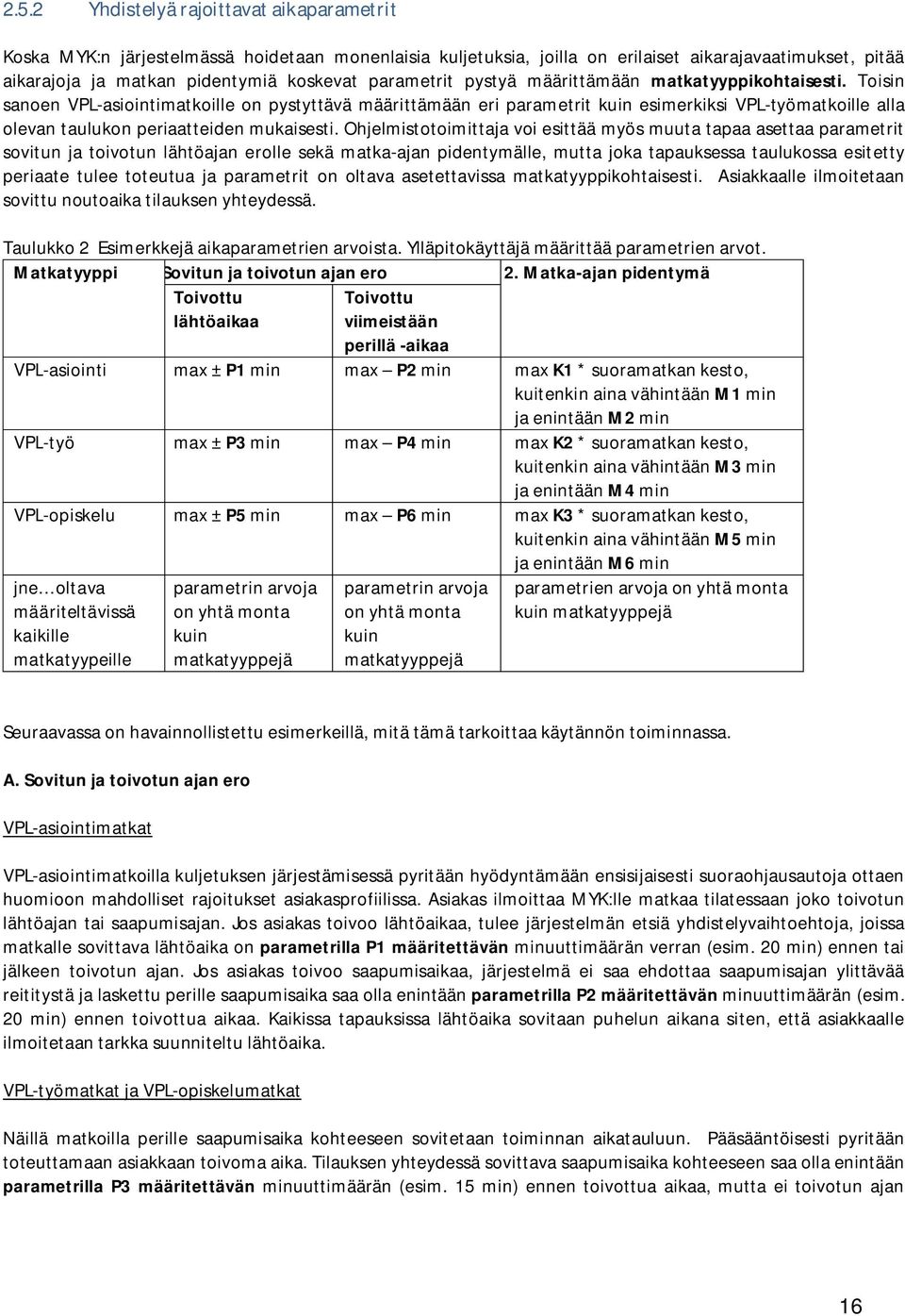 Toisin sanoen VPL-asiointimatkoille on pystyttävä määrittämään eri parametrit kuin esimerkiksi VPL-työmatkoille alla olevan taulukon periaatteiden mukaisesti.