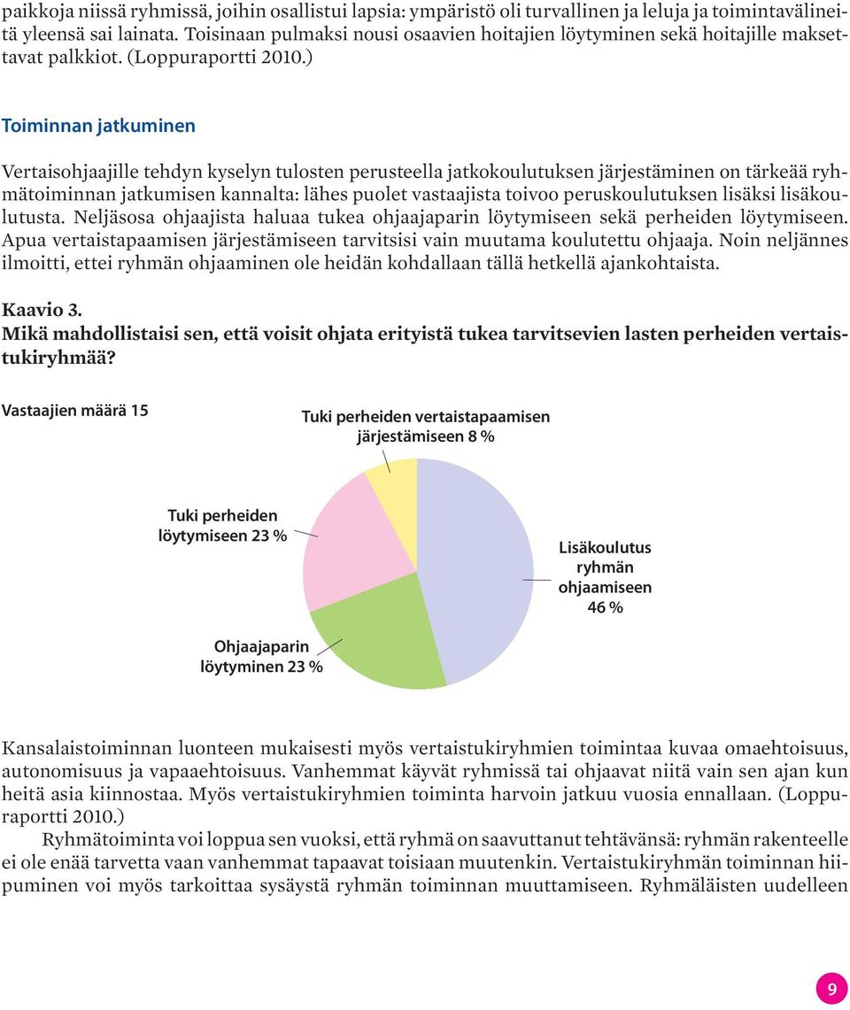 ) Toiminnan jatkuminen Vertaisohjaajille tehdyn kyselyn tulosten perusteella jatkokoulutuksen järjestäminen on tärkeää ryhmätoiminnan jatkumisen kannalta: lähes puolet vastaajista toivoo