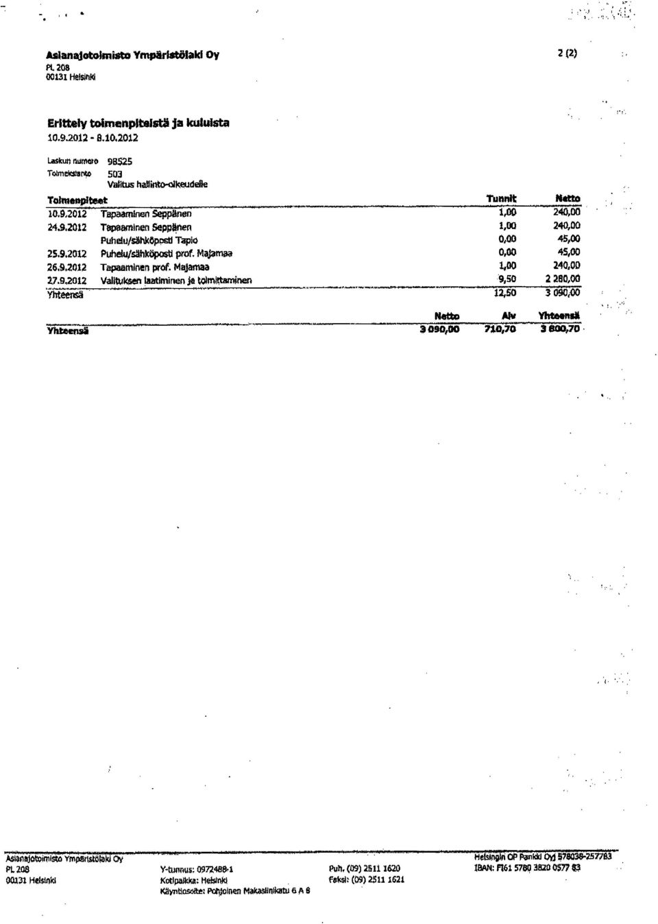 9,2012 VaiitukGen laatiminen ja (olmlctaminen n. Tunnit Netto 1,00 240,00 1,00 240,00 0,00 45,00 0,00 45,00 1,00 240,00 9,50 2290,00 12,50 3 090,00 Na1 Aiv Yhteensä 3 090,00 71.