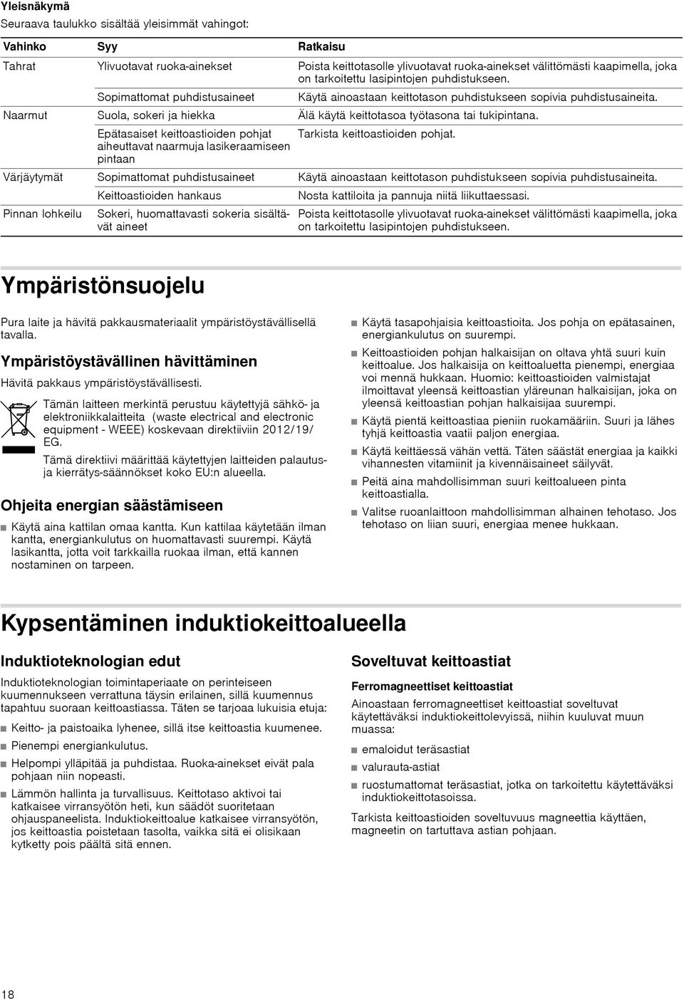 Naarmut Suola, sokeri ja hiekka Älä käytä keittotasoa työtasona tai tukipintana. Epätasaiset keittoastioiden pohjat aiheuttavat naarmuja lasikeraamiseen pintaan Tarkista keittoastioiden pohjat.