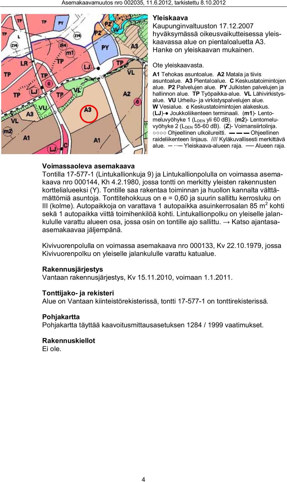 VU Urheilu- ja virkistyspalvelujen alue. W Vesialue. c Keskustatoimintojen alakeskus. (LJ)- Joukkoliikenteen terminaali. (m1)- Lentomeluvyöhyke 1 (L DEN yli 60 db).