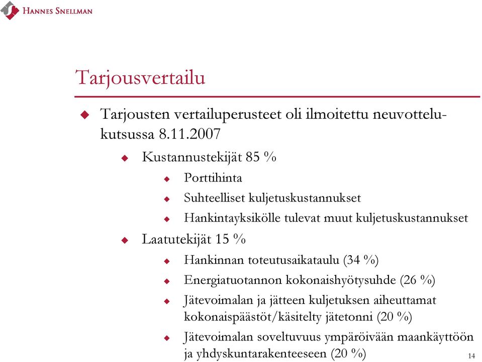 muut kuljetuskustannukset Hankinnan toteutusaikataulu (34 %) Energiatuotannon kokonaishyötysuhde (26 %) Jätevoimalan ja