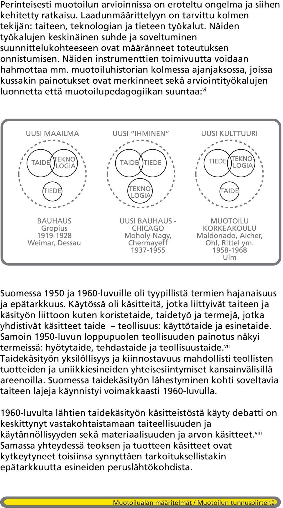 muotoiluhistorian kolmessa ajanjaksossa, joissa kussakin painotukset ovat merkinneet sekä arviointityökalujen luonnetta että muotoilupedagogiikan suuntaa: vi Suomessa 1950 ja 1960-luvuille oli