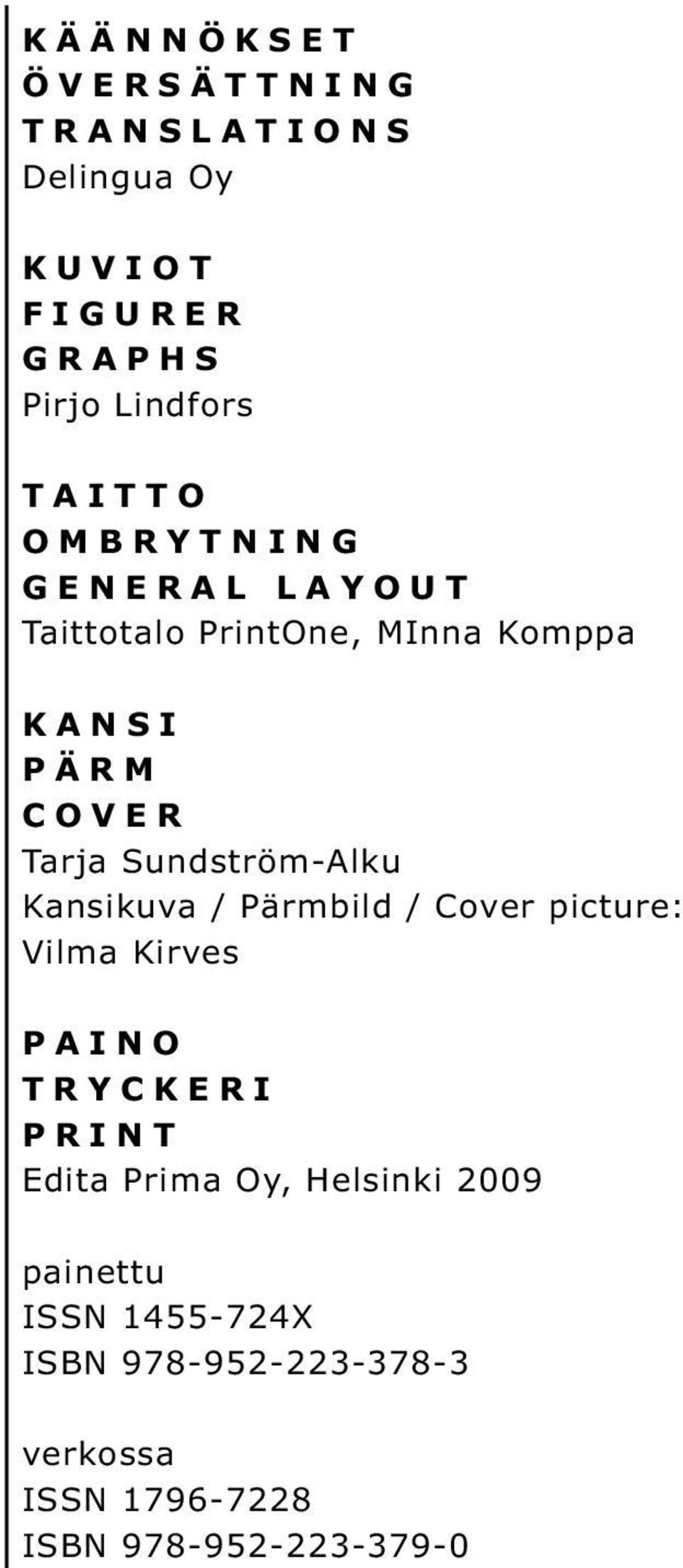 Sundström-Alku Kansikuva / Pärmbild / Cover picture: Vilma Kirves PAINO TRYCKERI PRINT Edita
