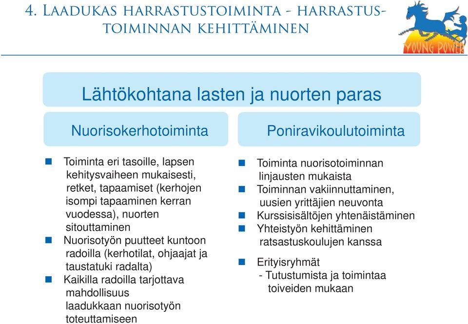 ohjaajat ja taustatuki radalta) Kaikilla radoilla tarjottava mahdollisuus laadukkaan nuorisotyön toteuttamiseen Toiminta nuorisotoiminnan linjausten mukaista Toiminnan