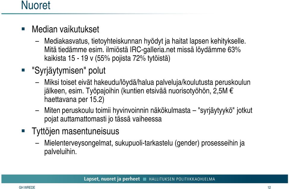 peruskoulun jälkeen, esim. Työpajoihin (kuntien etsivää nuorisotyöhön, 2,5M haettavana per 15.