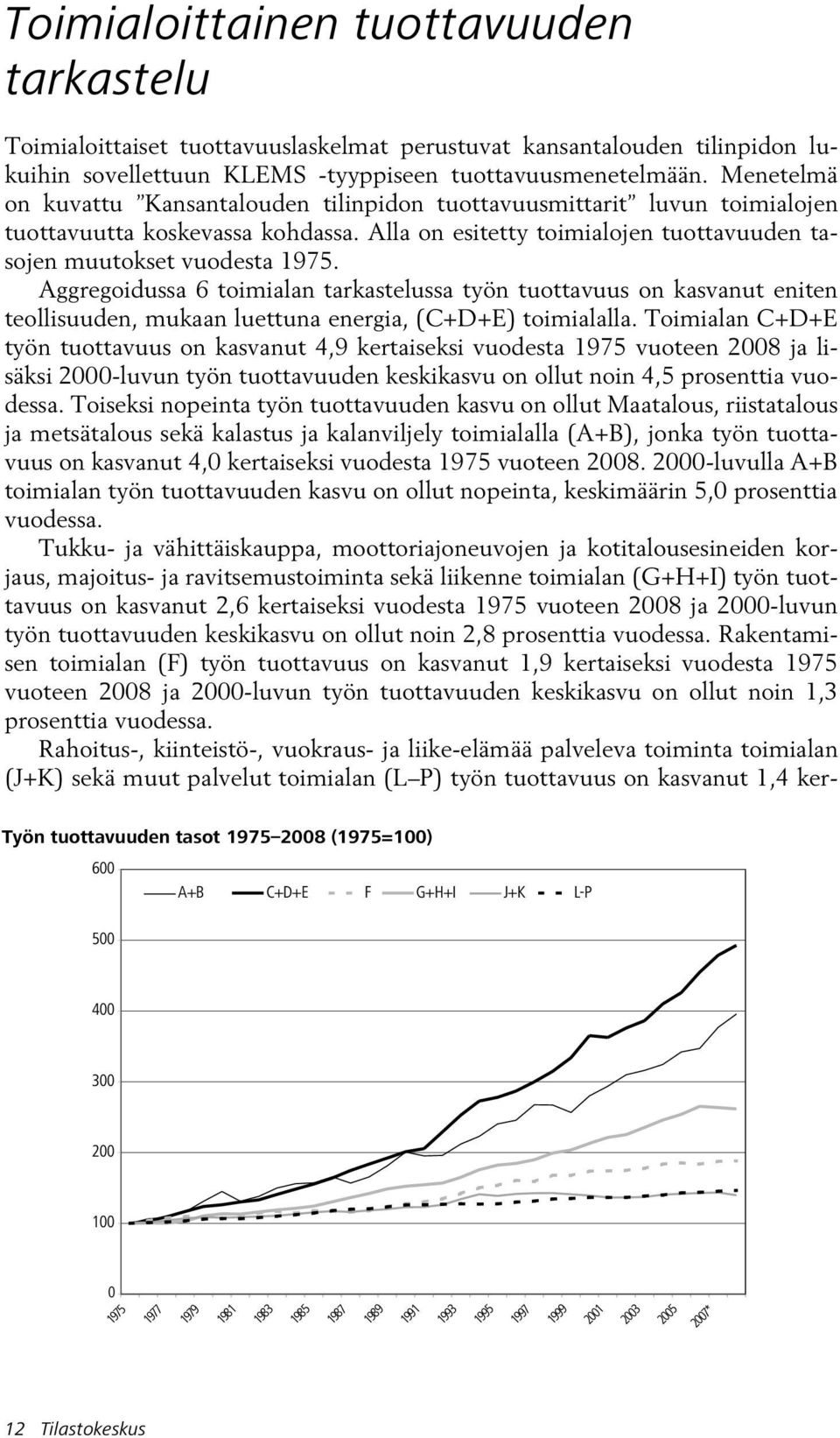 Aggregoidussa 6 toimialan tarkastelussa työn tuottavuus on kasvanut eniten teollisuuden, mukaan luettuna energia, (C+D+E) toimialalla.