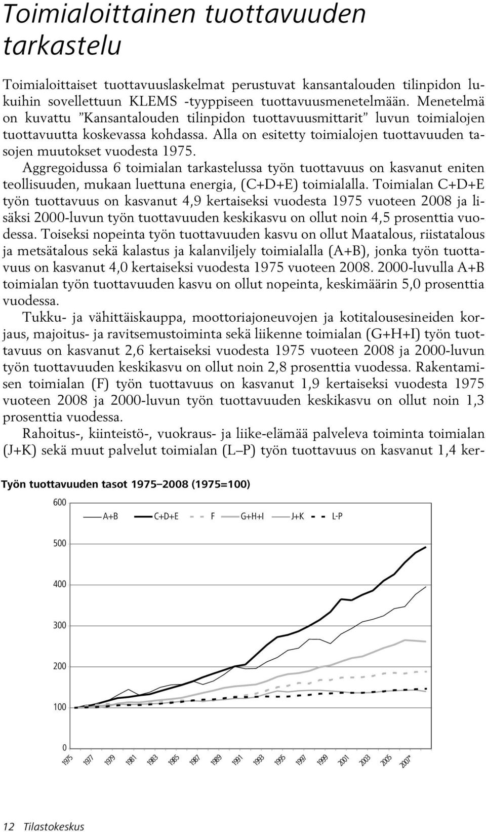 Aggregoidussa 6 toimialan tarkastelussa työn tuottavuus on kasvanut eniten teollisuuden, mukaan luettuna energia, (C+D+E) toimialalla.