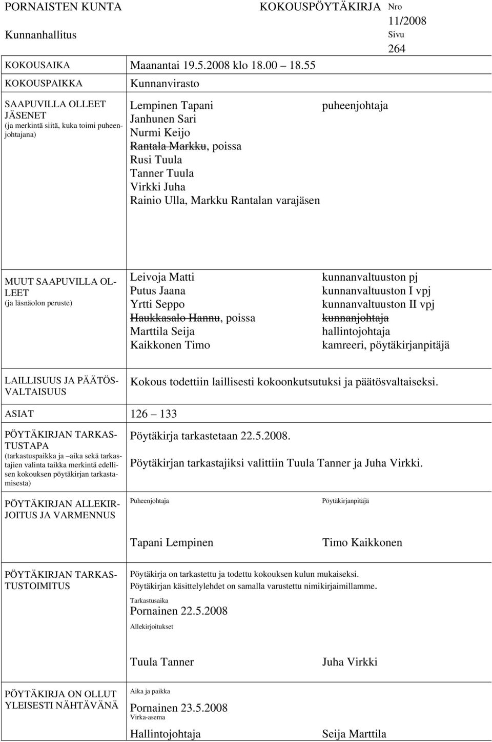 Markku, poissa Rusi Tuula Tanner Tuula Virkki Juha Rainio Ulla, Markku Rantalan varajäsen Sivu 264 MUUT SAAPUVILLA OL- LEET (ja läsnäolon peruste) Leivoja Matti Putus Jaana Yrtti Seppo Haukkasalo