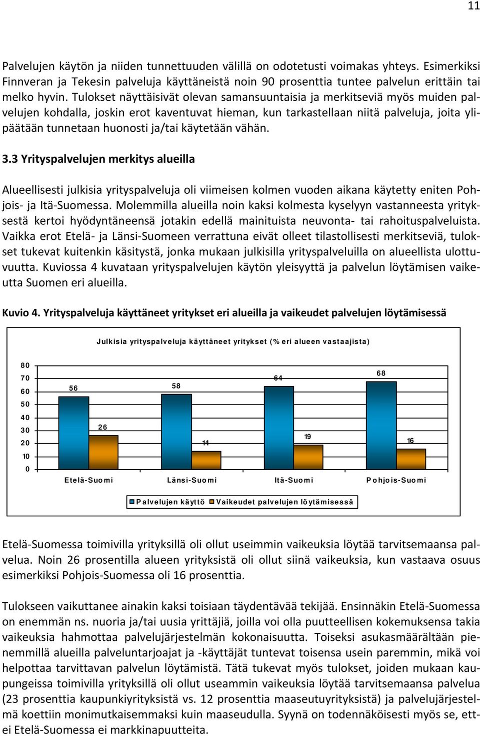 ja/tai käytetään vähän. 3.3 Yrityspalvelujen merkitys alueilla Alueellisesti julkisia yrityspalveluja oli viimeisen kolmen vuoden aikana käytetty eniten Pohjois ja Itä Suomessa.