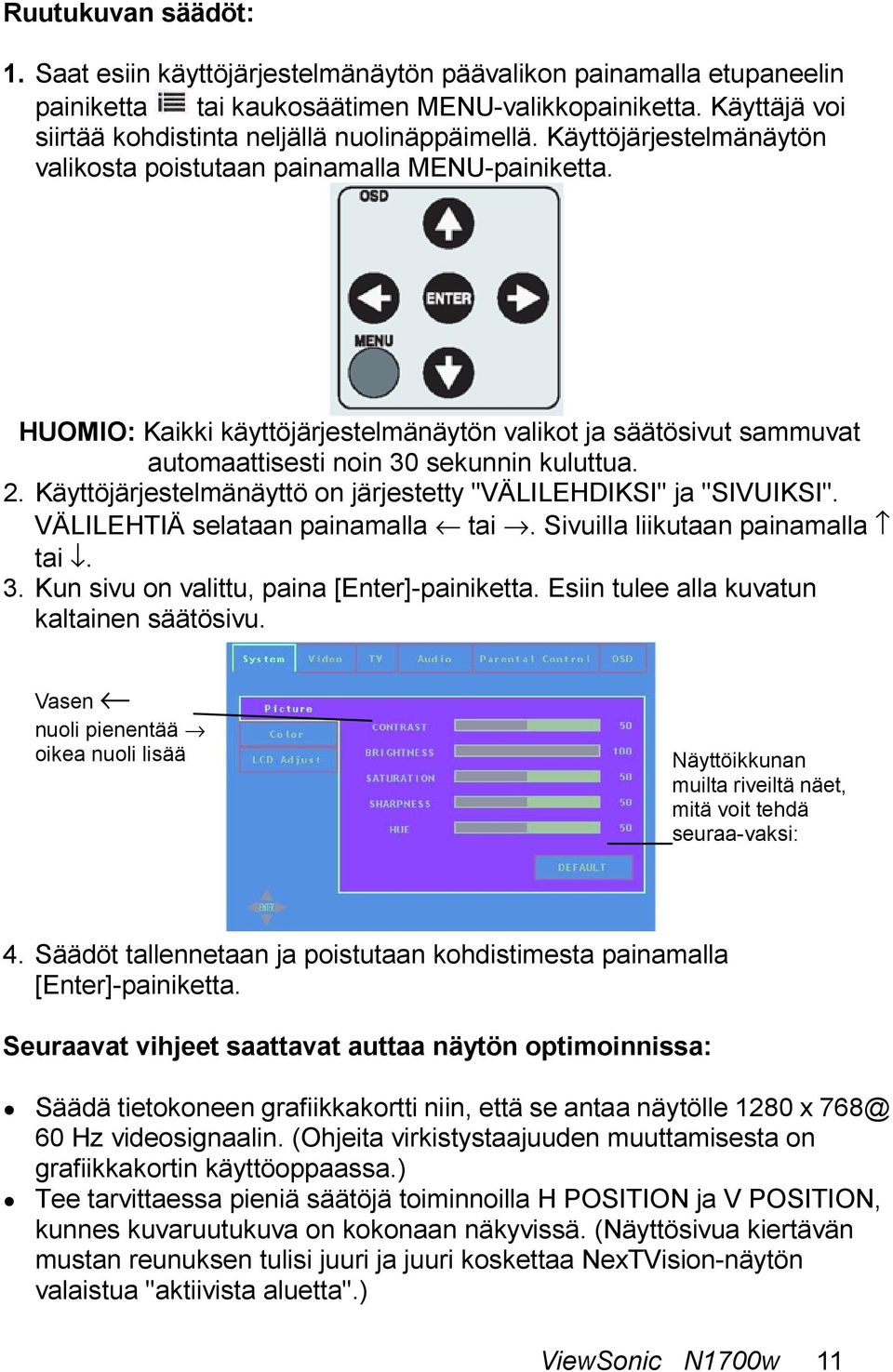 HUOMIO: Kaikki käyttöjärjestelmänäytön valikot ja säätösivut sammuvat automaattisesti noin 30 sekunnin kuluttua. 2. Käyttöjärjestelmänäyttö on järjestetty "VÄLILEHDIKSI" ja "SIVUIKSI".