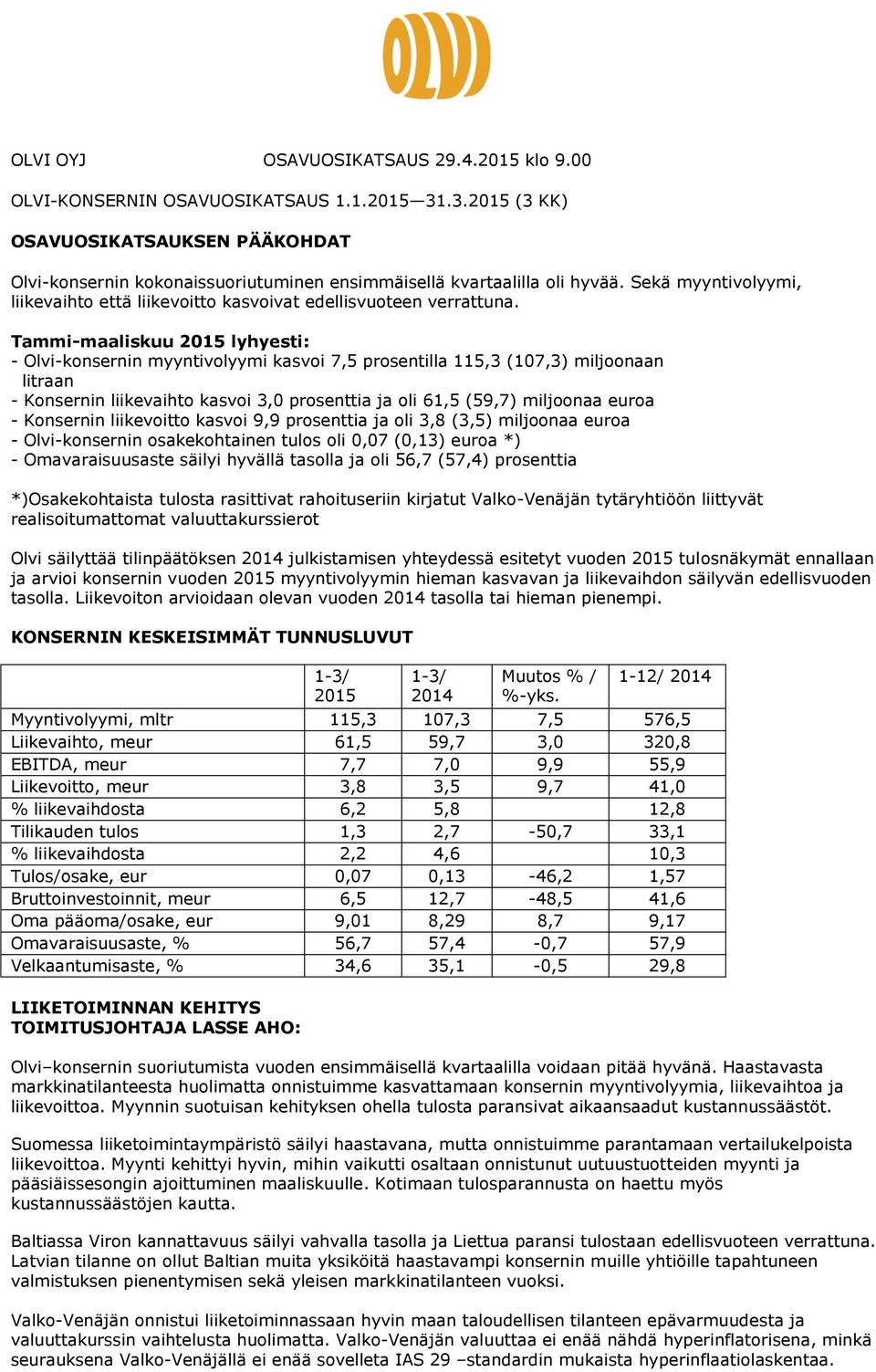 Sekä myyntivolyymi, liikevaihto että liikevoitto kasvoivat edellisvuoteen verrattuna.