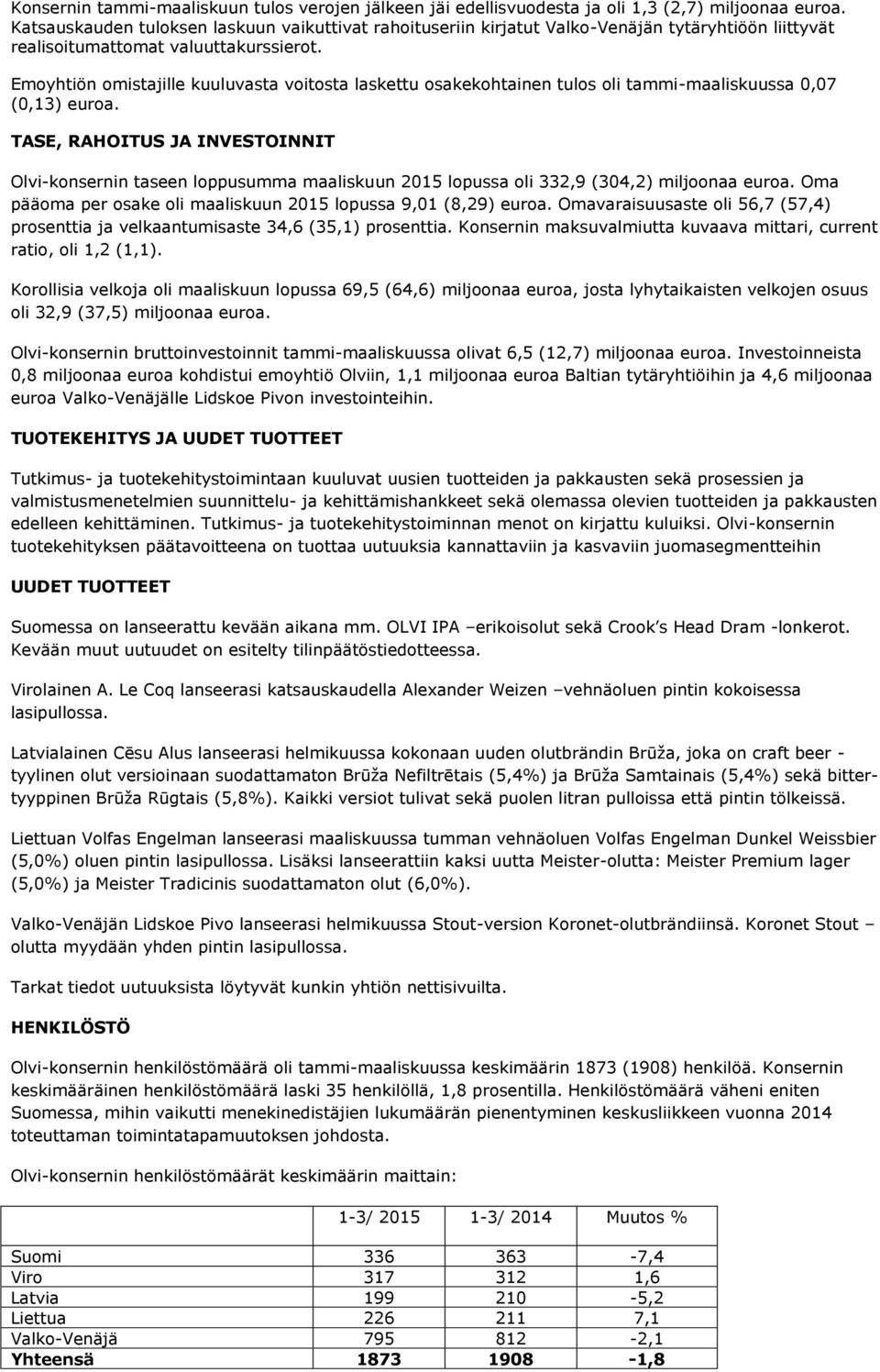 Emoyhtiön omistajille kuuluvasta voitosta laskettu osakekohtainen tulos oli tammi-maaliskuussa 0,07 (0,13) euroa.