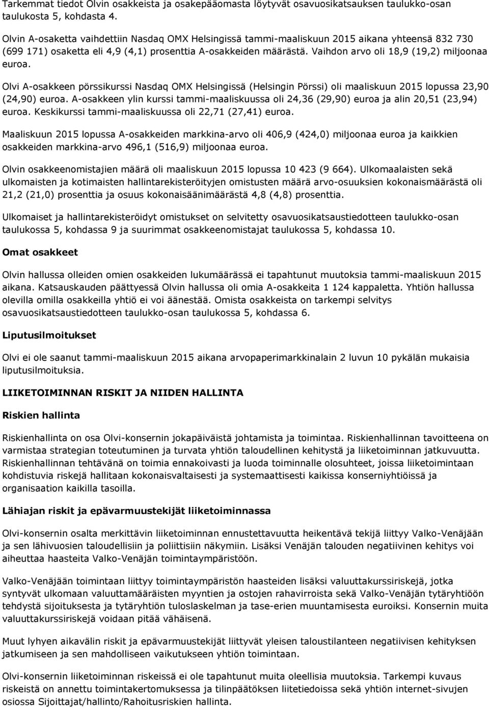 Vaihdon arvo oli 18,9 (19,2) miljoonaa euroa. Olvi A-osakkeen pörssikurssi Nasdaq OMX Helsingissä (Helsingin Pörssi) oli maaliskuun 2015 lopussa 23,90 (24,90) euroa.