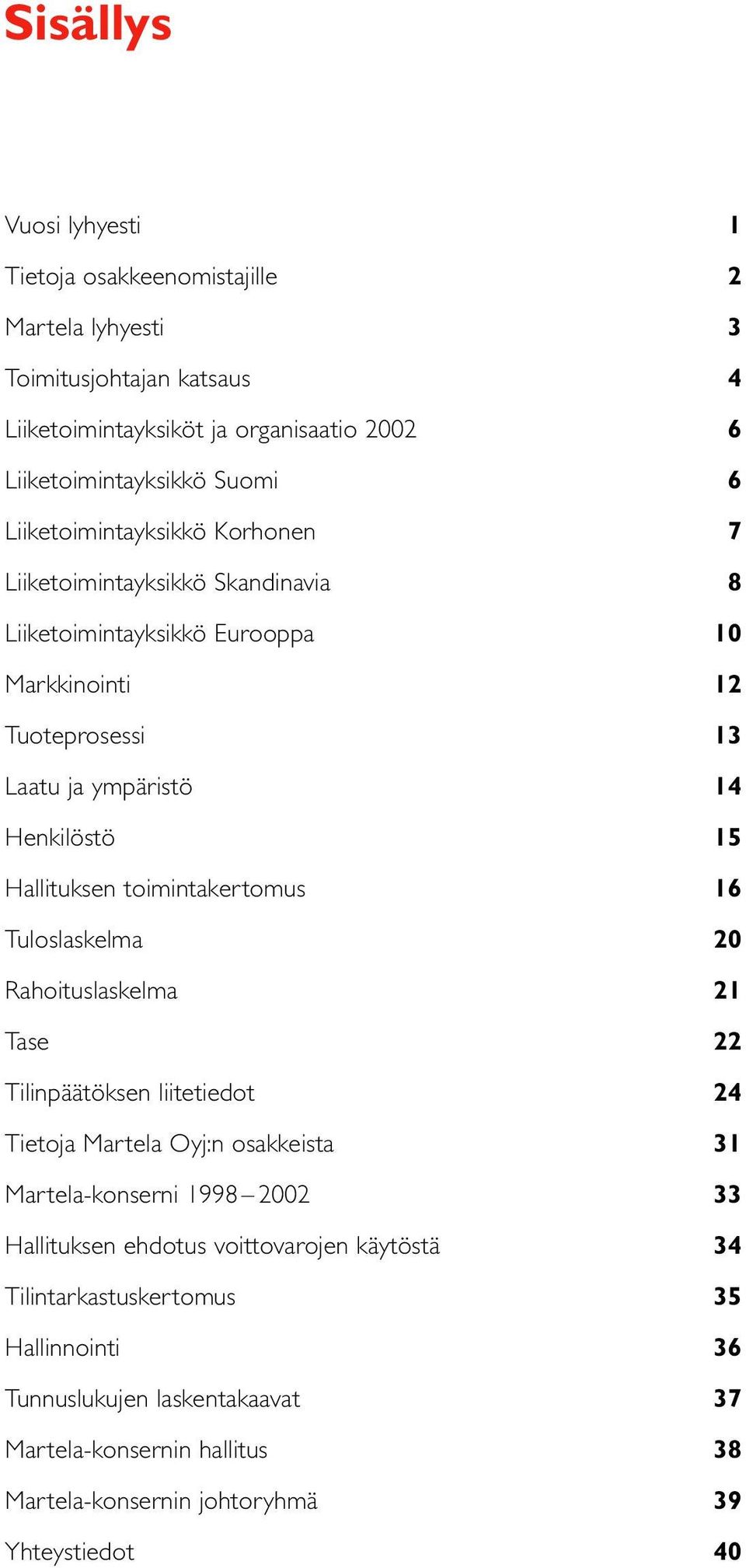 Hallituksen toimintakertomus 16 Tuloslaskelma 20 Rahoituslaskelma 21 Tase 22 Tilinpäätöksen liitetiedot 24 Tietoja Martela Oyj:n osakkeista 31 Martela-konserni 1998 2002 33