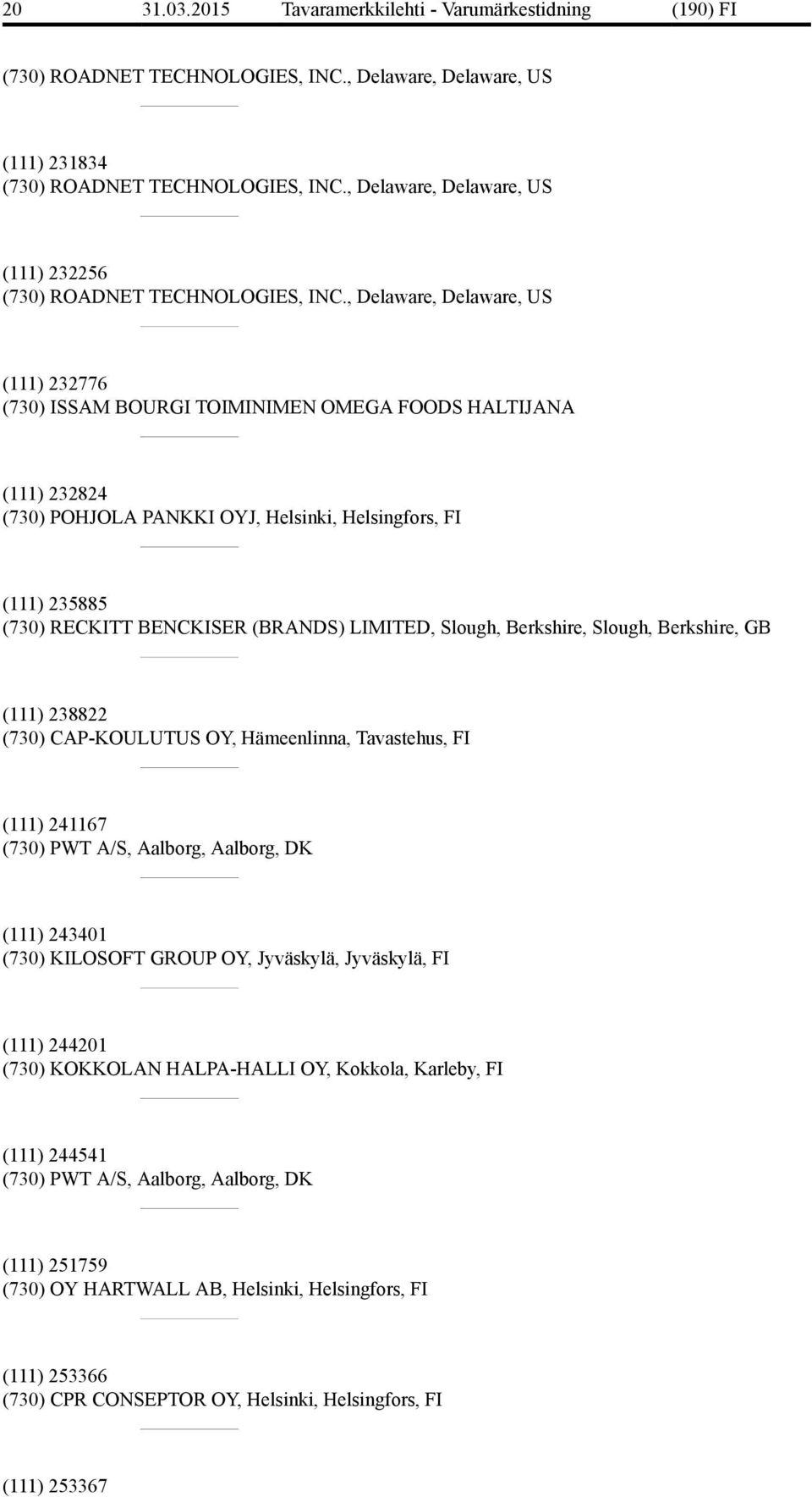 , Delaware, Delaware, US (111) 232776 (730) ISSAM BOURGI TOIMINIMEN OMEGA FOODS HALTIJANA (111) 232824 (730) POHJOLA PANKKI OYJ, Helsinki, Helsingfors, FI (111) 235885 (730) RECKITT BENCKISER