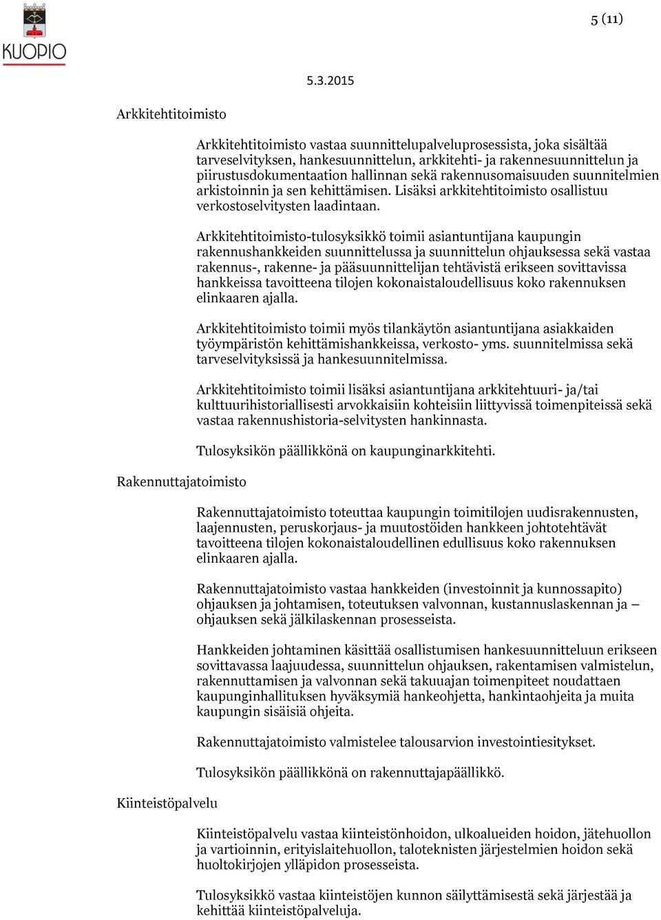 Arkkitehtitoimisto-tulosyksikkö toimii asiantuntijana kaupungin rakennushankkeiden suunnittelussa ja suunnittelun ohjauksessa sekä vastaa rakennus-, rakenne- ja pääsuunnittelijan tehtävistä erikseen