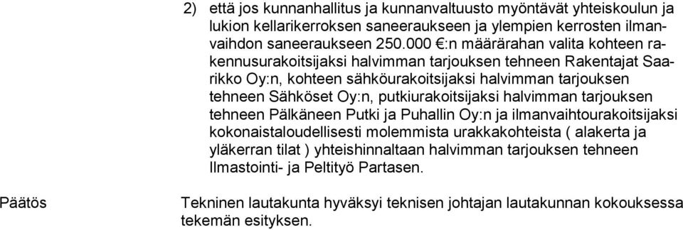 set Oy:n, putkiurakoitsijaksi halvimman tarjouksen tehneen Päl kä neen Putki ja Puhallin Oy:n ja ilmanvaihtourakoitsijaksi ko ko nais ta lou del li ses ti molemmista urakkakohteista (